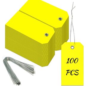 100 Pieces Plastic Shipping Tags with Reinforced Wire Blank Heavy Duty Shipping Tags Waterproof Tags Equipment Moving Tags for Luggage Auto Parts Garage Inventory (Yellow, 2.36 x 4.7)