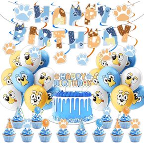 لوازم حفلات عيد ميلاد Blue Dog ، زخارف حفلة Blue Dog - الكعكة الكبيرة - 12 قبعات كب كيك - 18 بالونات -6 دوامة - لافتة