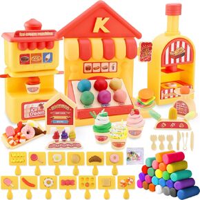Burger Shop Color Dough Set, 69PCS Kitchen Creations Toys, Play Store Counter Set with Ice Cream Maker, Hamburger Food Molds, Pretend Play Kit for Toddlers Kids Girls Ages 3-5 (24 Doughs)