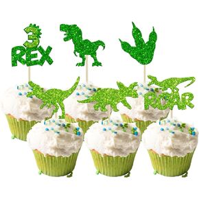 Gyufise 24Pcs Dinosaur Cupcake Toppers Green Glitter 3 Rex Roar Dinosaur Cupcake Picks Three Years Old Dino Theme Baby Shower Third Birthday Party Cake Decorations Supplies