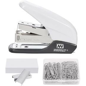 Effortless Small Stapler 20 Sheets Capacity, Jam Free with Built-in Staple Remover, Office Supplies Set with 1000pcs Staples and 100pcs Paper Clips for Desk, Home (White)