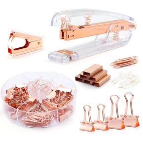 Rose Gold Office Supplies Desk Accessories,Set of Acrylic Clear Staplers,Staple Remover,1000pcs Staples,72 pcs Binder Clips Paper Clips Push Pins Sets,Great Gift Home School Office Desk Supplies