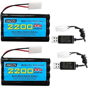 2PCS 9.6V 2200mAh AA NiMH Battery with Tamiya Plug and USB Charging Cable for RC Toy Cars, Trucks, Tanks, Engineering Vehicles, RC Ships, Rechargeable Battery Accessories (2PCS Battery+2 USB)