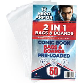 أكياس وألواح Hero Armor Comic Comic - يتم تحميلها مسبقًا في أكمام الكتاب الهزلي! قابلة لإعادة الاستئصال ، خالية من الأحماض ، جودة الأرشفة ، أكمام واضحة واضحة ولوحات محملة مسبقًا-50