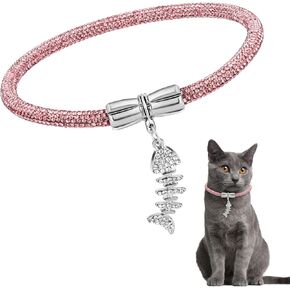 Rhinestone Pink Cat Collar, Stylish Bling Dog Collars for Small Dogs, Fancy Cat Collar with Fish Bone Pendant，Diamond Cat Collar Holiday Dress Collar (Light Pink, 25)