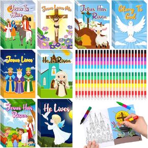 ReliThick 32 Pcs Happy Easter Coloring Book with 32 Pcs Stacking Crayons for Kids Bulk Holiday Activity Book for Kids Toddlers Party Favors Gifts Easter Themes Classroom Activity Supplies