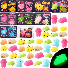 Joyin 36 Packs 9 بطاقات هدايا تصميم مع توهج في ألعاب Mochi Dark Mochi ، وتخفيف الإجهاد ، وألعاب الضغط المتوهجة لصالح حفلات الأطفال وتبادل الفصل الدراسي