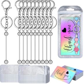 Sasylvia 10 Sets Beadable Keychain Kits Beaded Keychain Bars Resealable Pouch Bag Thank You Cards for DIY Crafts Jewelry Making