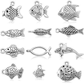 60 Pieces Fish Charms for Jewelry Making Antiqued Silver Alloy Fish Charms Fish Pendants 12 Styles Assorted Fish Charms for DIY Craft Summer Bracelet Necklace Earring