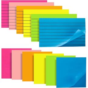 Sticky Notes Assorted Sizes, 12 Pads Lined Self-Stick Notes 3x5 in and 3x3 in Bright Colored Office Supplies Set