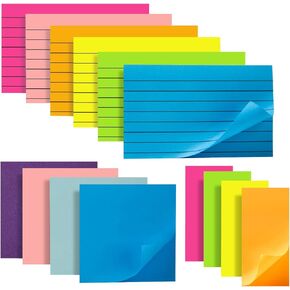 Sticky Notes Assorted Sizes, 14 Pads Lined Self-Stick Notes with 3x5 in, 3x3 in and 1.5x3 in Bright Colored Office Supplies Set,Strong Adhesive, Recyclable