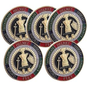 5pc Armor of God Challenge Coin, Commemorative Coin Seeking Guidance and Strength Prayer Coin