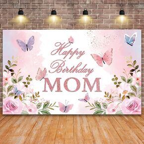 Happy Birthday Mom Backdrop Mother's Day Birthday Party Decorations Banner for Mom Floral Theme Mom's Birthday Party Sign Photography Background