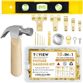 Picture Hanging Kit, 224pcs Hanging Hardware with Hooks, Wire, Nails, D Rings, Photo Sawtooth Hangers, Ring Hooks, Wall Art Frame Hanging Kit with Yellow Magnetic Level and Small Claw Hammer