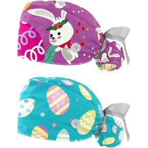 2 Packs Surgery Cap with Sweatband, Breathable Bouffant Hats Long Hair, Adjustable Nurse Scrub Caps Funny Cartoon Animal Goose Pattern, Medium-3X-Large