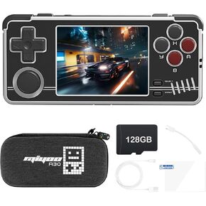 MIYOO A30 Game Game Console 2.8 Inch Screen ، لوحات مفواة ألعاب الفيديو الرجعية المحمولة التي تم إعادة شحنها في نظام كلاسيكي 128 جيجابايت مع CASE (أسود)