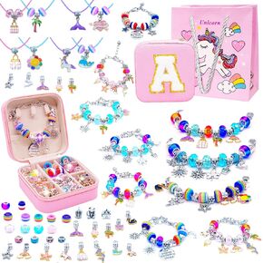 SUREHOME Charm Bracelet Making Kit Girls Christmas Gifts Unicorn Toy Jewelry Making Kit 8-12 Personalized Gifts for Ages 6 7 8 9 10 11 Year Old Girls Birthday Stuff Art Craft Supplies - Initial Box S