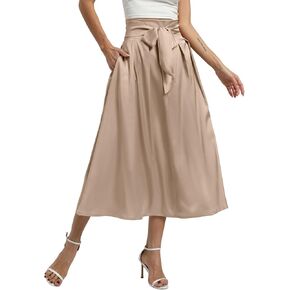 Women's High Waist Midi Skirts A-Line Tie Satin Flowy Pleated Skirt with Pockets