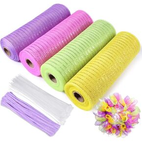 Funtery 4 Rolls 40 Yards Easter Deco Mesh Ribbon 10 Inch Rolls Decorative Easter's Day Mesh Tulle with Chenille Stems and Clear Zip Ties for DIY Flower Wreath Birthday Party Wedding