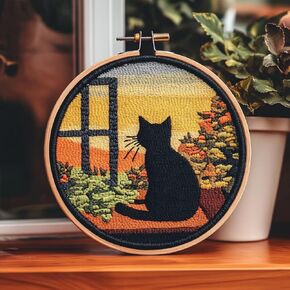 DIY Punch Needle Kits Cute Cartoon Black Cat Back Sit on Window Embroidery Punch Needle Starter Craft with Hoop Easy for Beginners for Festival t and Decoration 20x20cm-16