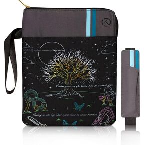 Book Cover, Book Sleeve, Book Protector, Waterproof, Elastic Pen Holder, Floral Pattern, Sky Blue, Turquoise, Canvas Material, Zipper Closure