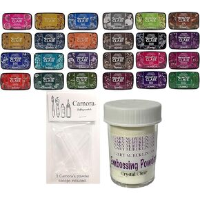 Tsukineko Versafine Clair Ink Pads, 24 Colors, 1 oz Gary Burlin Clear Embossing Powder, 3 Carnora Embossing Powder Scoops
