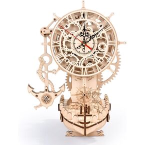 Pirate Ship Clock 3D Wooden Puzzles for Adults, Wooden Models for Adults to Build DIY 3D Puzzle Mechanical Clock Kit, Clock Making Kits Gift for Adults and Kids