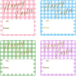 Mobiusea Creation Easter Tags Labels | 60-Pack Easter Tags for Easter Gift Bags, Happy Easter Gift Tags | 2 inch | Pastel Color Gingham Easter Gift Labels | Gold Foil Happy Easter Labels