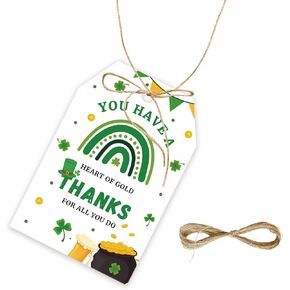 50pcs St. Patrick's Day Thank You Tags, Lucky Shamrock Gift Tag with String for March Birthday Party, Green Shamrock Clover Thank You Paper Tags for Irish Holiday Party Favors