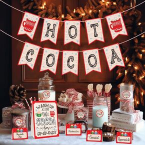 SICOHOME Hot Cocoa Bar Kit Hot Cocoa Bar Banner Toppings Tent Cards Cup Tags Stickers for Winter Birthday New Year Christmas Party Hot Chocolate Bar Supplies Baby Its Cold Outside Decorations