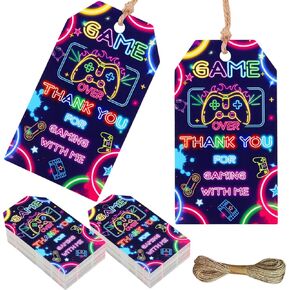 Funmemoir 50pcs Video Game Thank You Tags Appreciation Gift Tags with String Thank You for Gaming with Me Tags for Video Game Themed Baby Shower Birthday Party Favors