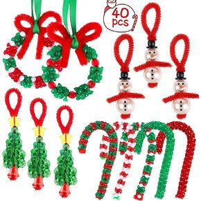 DIYASY 40 Sets Christmas Beads Crafts for Kids, Beaded Ornament Kits Tri Bead Bulk Arts Making Kit for Holiday Tree DIY Hanging Ornaments Party Supplies Adults Kids Ages 4-8 8-12