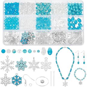 PH PandaHall 642pcs Snowflake Dangle Earrings Making Kit Christmas DIY Bead Jewelry Making Kit Blue Glass Beads Earring Hooks for Bracelets Necklaces Earrings DIY Craft Jewelry Making