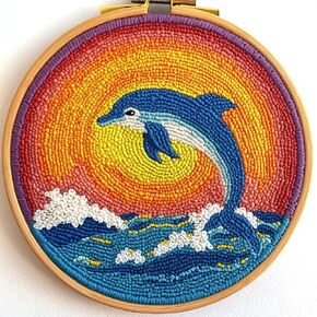DIY Punch Needle Kits for Beginners Cartoon Dolphin Jumping Under Sunset with Hoop Embroidery Punch Needle Starter Craft Set Easy for Adults and Children Festival Gift and Decoration 20x20cm-1