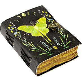 Blank Spell Book Of Shadows Vintage Handmade Leather Journal With Lock Witchcraft Supplies Luna Moth and Morpho Butterfly Print Diary Prayer Pagan Wiccan Decor notebook Luna-1 (7 X 5)
