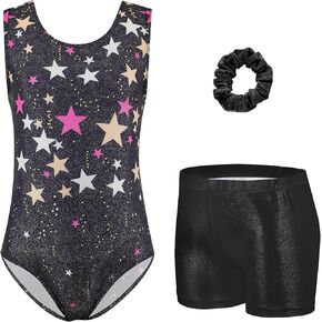 Zaclotre Gymnastics Leotards for Girls Sparkly Sleeveless Dance Unitards Biketards with Gym Shorts
