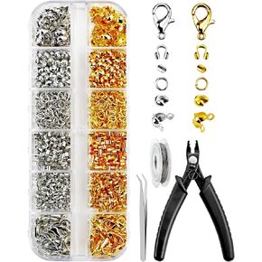1200 Pcs Crimp Beads Kit for Jewelry Making, Including Crimp Beads, Covers, Tubes, Wire Guardians, Lobster Clasps, Jump Rings, Crimping Pliers and Beading Wire