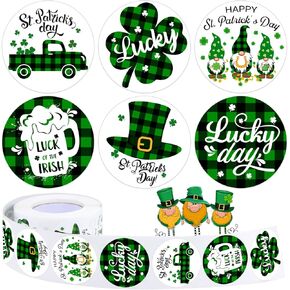 500 Pieces St. Patrick's Day Stickers Roll Irish Shamrock Beer Lucky Clover Hat Round Irish Self Adhesive Tag Seals Labels for St. Patrick's Day Party Bags Boxes Wrap Cards Bottles Decor 1.5 Inch