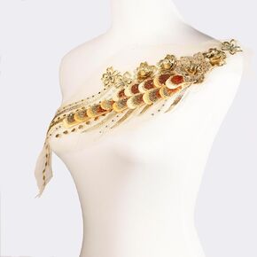 3D Lace Embroidery Sequin Applique Peacock Tail Shape Stitching Wedding, Evening Gown, Waist, Hem DIY Decoration (Gold)