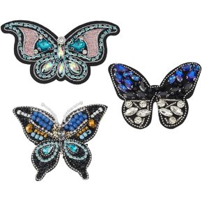 INFUNLY 3 Style Butterfly Rhinestone Patch Sew on Butterfly Crystal Appliques Blue Beaded Butterfly Embroidery Patch Motif Applique Animals Beads Badges for Clothes Bag Jacket Pants Shoes DIY Projects