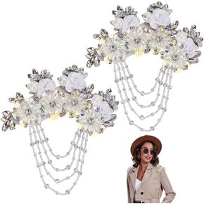 FINGERINSPIRE 2 Pcs White Crystal Fringe Shoulder Epaulette Rhinestones Appliques 6.8x5.5x0.7 inch Flower Fabric Colorful Rhinestones Applique Crystal Fringe Beads Sequins Patches Accessory