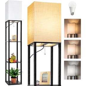 Dott Arts Floor Lamp with Shelves, Floor Lamps for Living Room Decor Display Shelf Lamps with 3 Color LED Bulb, Modern Floor Lamp for Bedroom Standing Lamp for Living Room Office,Home Decor（Black）