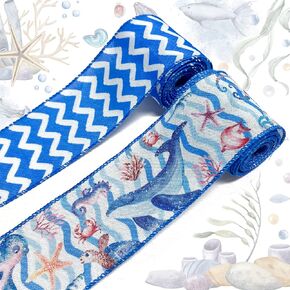 2 Rolls Summer Fabric Ribbons Summer Sea Ocean Wave Strips Ribbons Marine Animals Starfish Ribbon for Summer Party Gift Wrapping Outdoor Hanging Party Decoration Supplies 2.5 Inch 10yeds