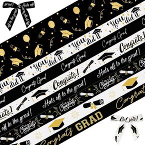 Hying 8 Rolls 2025 Graduation Ribbons for Wrapping Gifts, Congratulations Grosgrain Ribbons for Graduation Decoration DIY Party, 3/8"/ 2" X 24 Yards Class of 2025 White Black Ribbon for Graduation