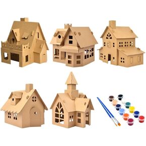 NUOBESTY 5PCS Unfinished Christmas House with Paint Set Art and Craft House for Kids DIY Crafts Woodworking Building Project for Children to Build& Paint