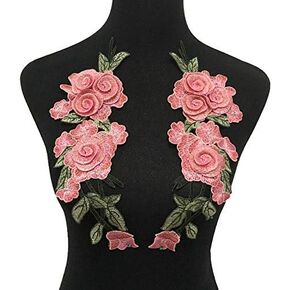 2 Pcs Flowers Embroidered Patch Sew On Rose Fabric Repair Sew Badges Clothes Appliques DIY Wedding Sticker(Pink)