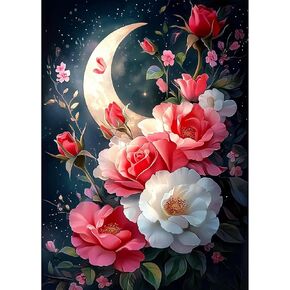 MAXBYE Diamond Paintings of Moon and Flower, Diamond Art Kits for Adults, 5D Rose Flowers Diamond Art Kits, Diamond Art for Home Décor Items,and Extra 30% Diamonds, 12x16in
