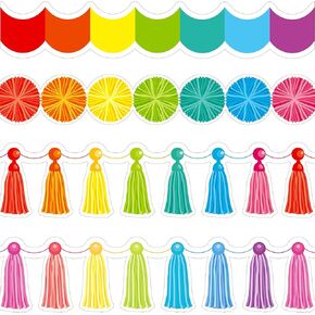 Outus 4 Pack Bulletin Board Borders Rainbows Border Colorful Poms Scalloped Die Cut Border Trim Tassel Borders with Glue for Bulletin Boards Classroom Decor Desks Lockers Home School(Tassel,63 Ft)