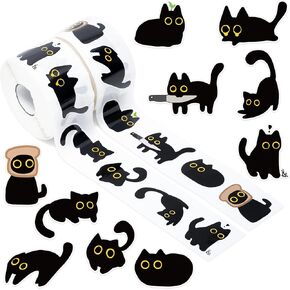 Black Cat Sticker Rolls - 1000Pcs Funny Cartoon Cat Meme 10 Style Stickers Gifts Pack for Kids Teen Adults, Cute Label Decals Crafts for Laptop Guitar Skateboard Home Decor School Rewards