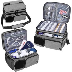 حقيبة طبية مزدوجة الطبقات لتنظيم زجاجات حبوب الدواء مع سحاب قابل للقفل، منظم أدوية السفر مع أشرطة كتف ناعمة لزجاجات حبوب الدواء، واللوازم الطبية (الحقيبة فقط) in Kuwait